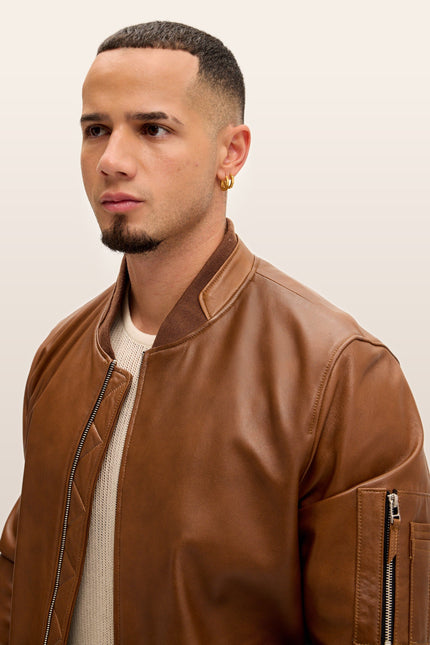 Lambskin Leather Bomber Jacket - Brown