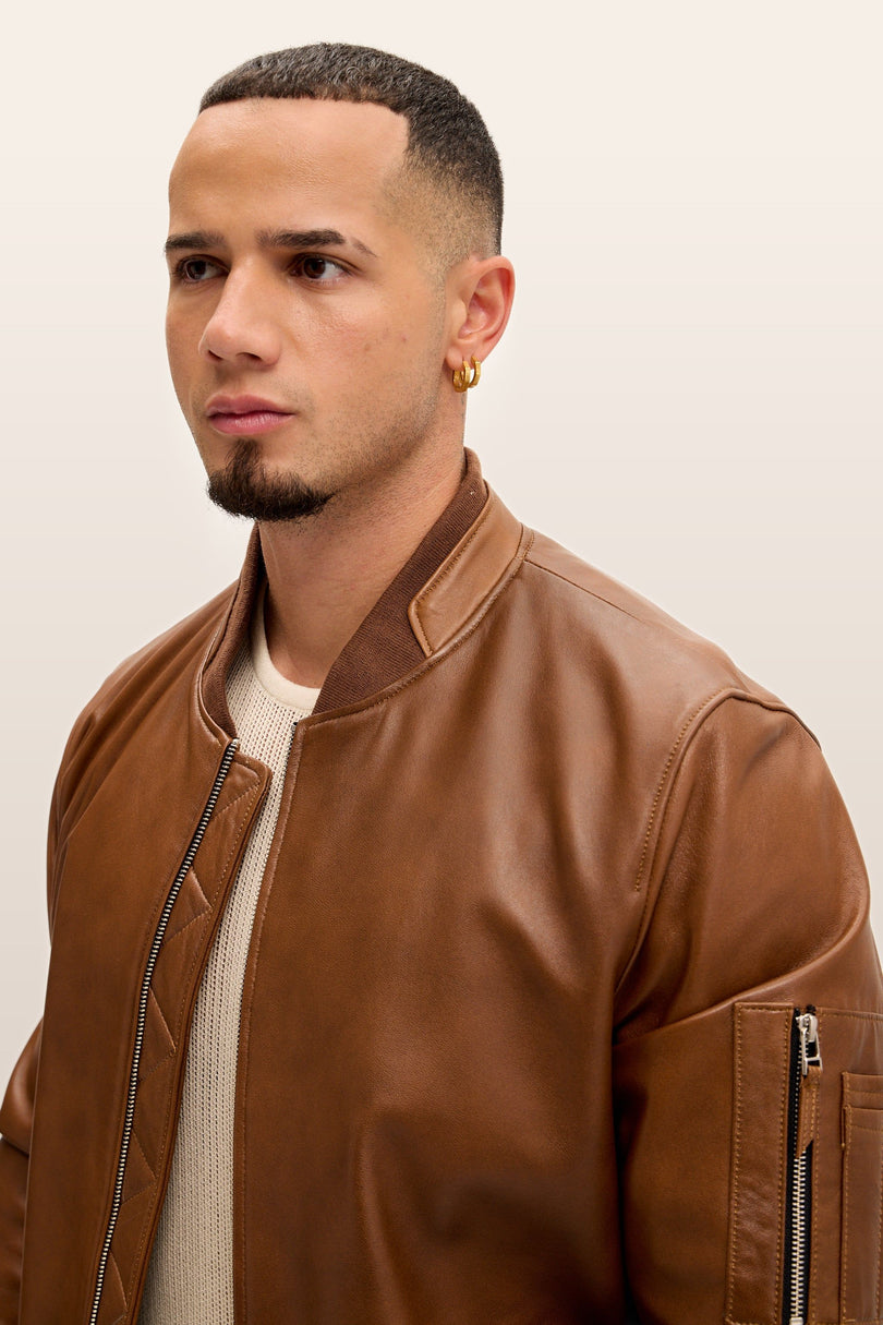 Lambskin Leather Bomber Jacket - Brown