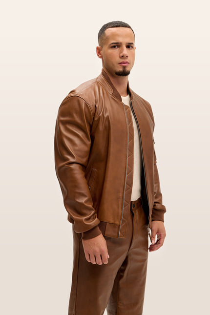 Lambskin Leather Bomber Jacket - Brown