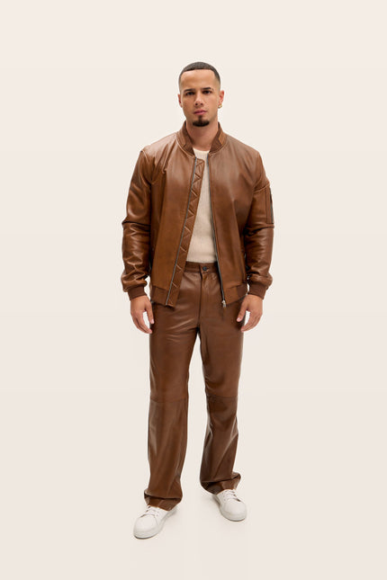 Lambskin Leather Bomber Jacket - Brown