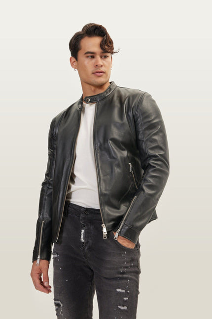 Falcon Cafe Racer Leather Jacket - Black