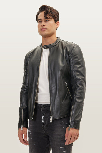 Falcon Cafe Racer Leather Jacket - Black