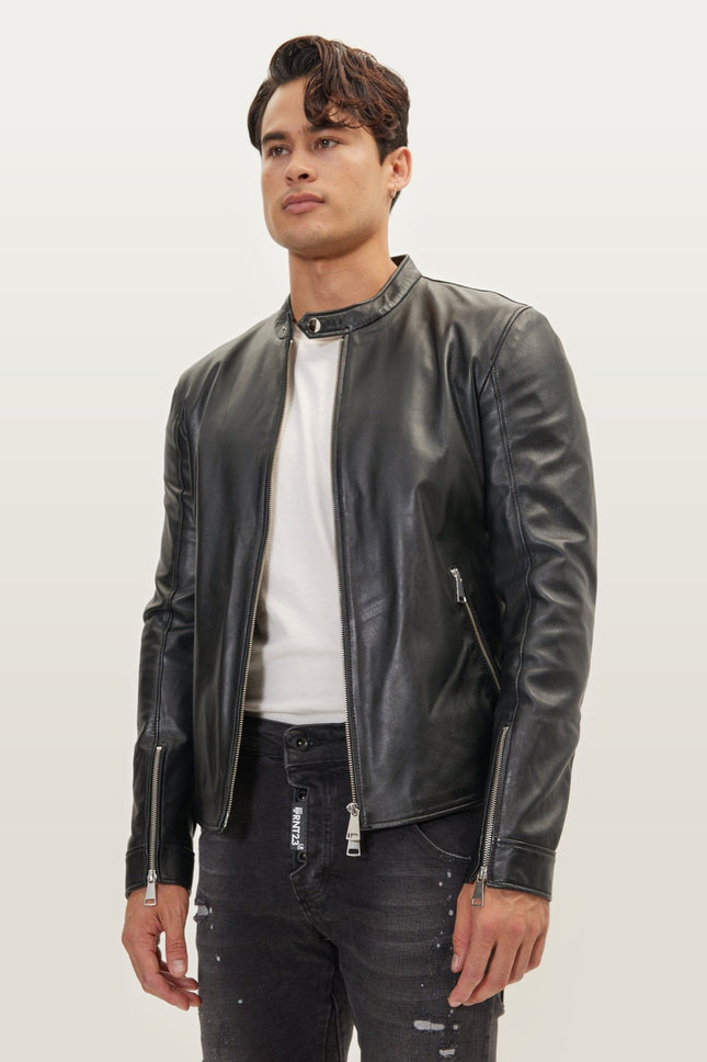Falcon Cafe Racer Leather Jacket - Black