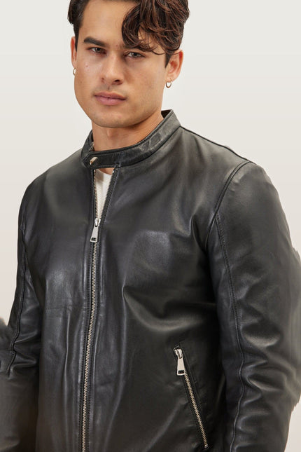 Falcon Cafe Racer Leather Jacket - Black