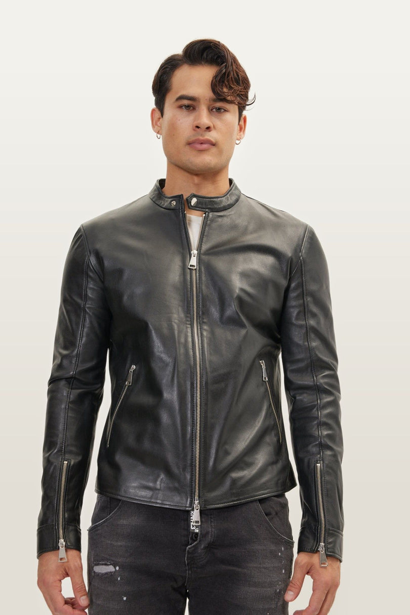 Falcon Cafe Racer Leather Jacket - Black