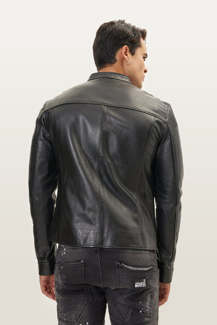 Falcon Cafe Racer Leather Jacket - Black
