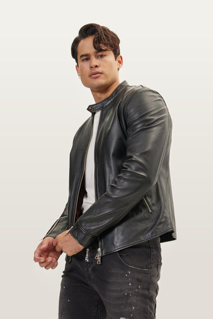 Falcon Cafe Racer Leather Jacket - Black
