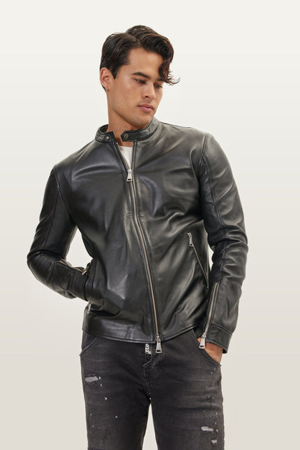 Falcon Cafe Racer Leather Jacket - Black