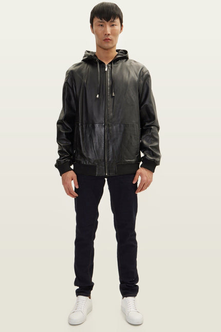 Nappa Lambskin Hooded Bomber Jacket - Black