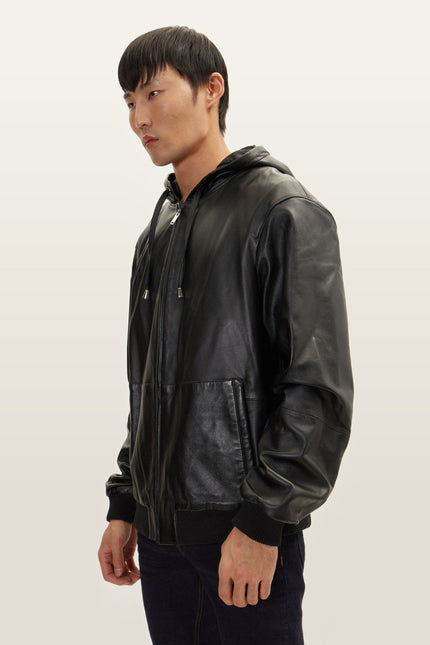 Nappa Lambskin Hooded Bomber Jacket - Black