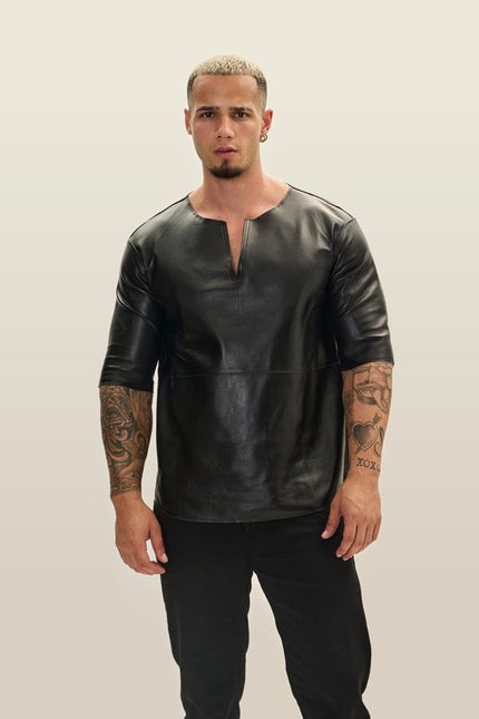 Lambskin Leather V-Neck Shirt - Black