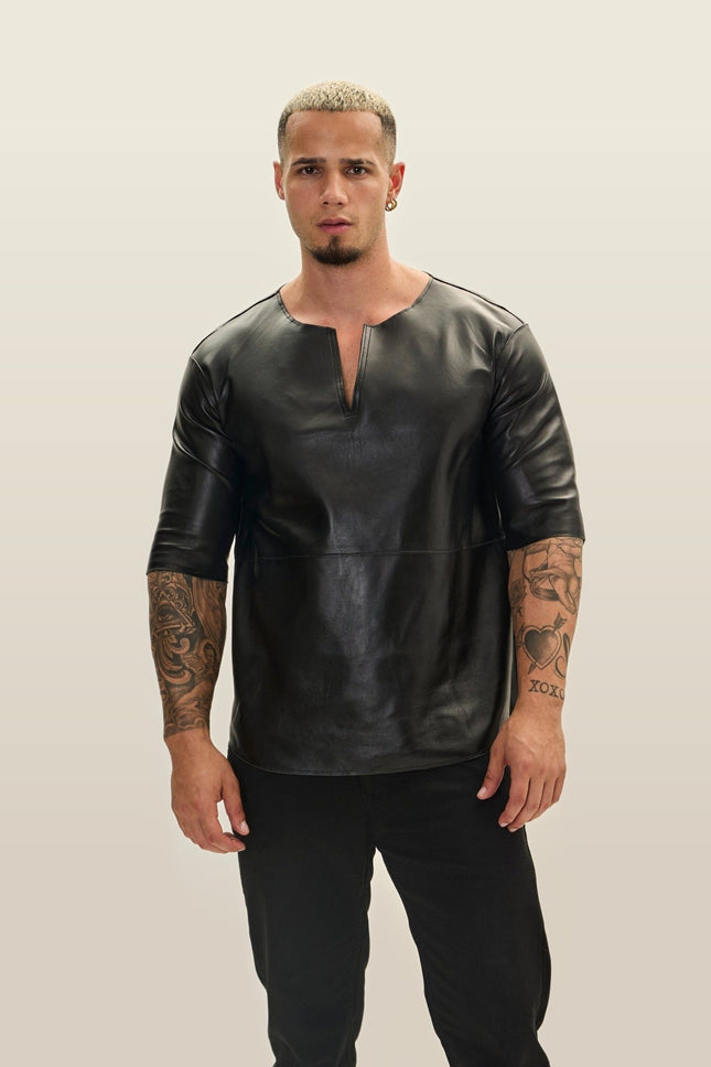 Lambskin Leather V-Neck Shirt - Black