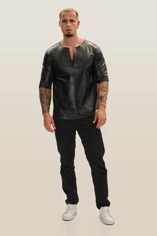 Lambskin Leather V-Neck Shirt - Black