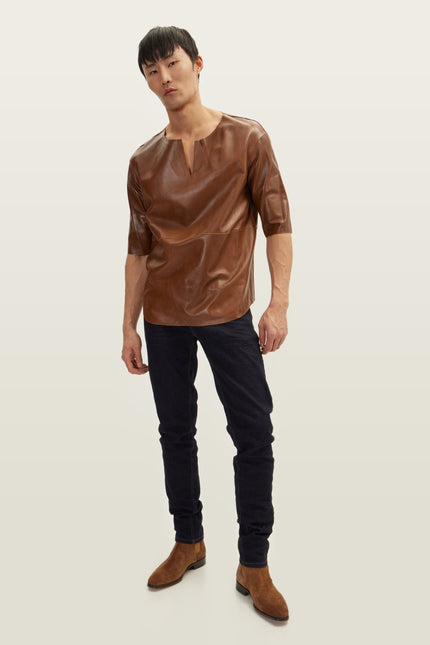 Lambskin Leather V-Neck Shirt - Brown