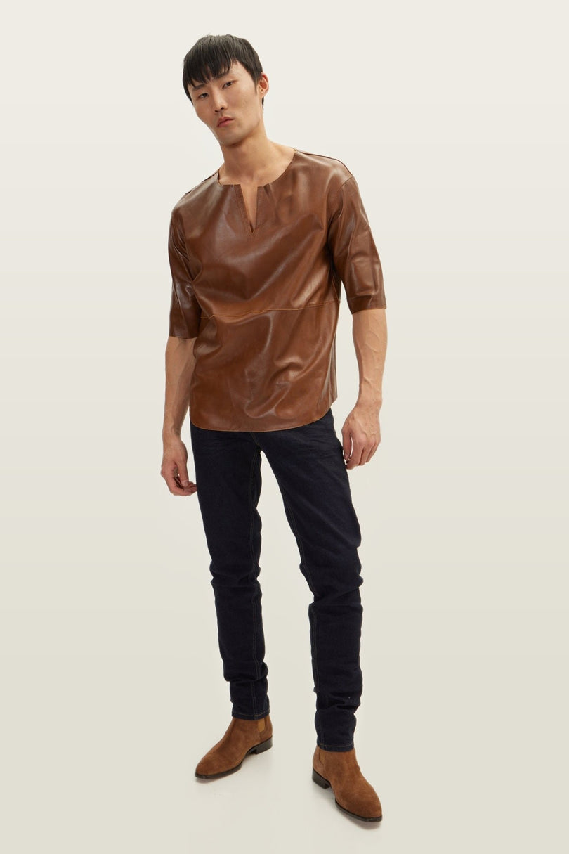 Lambskin Leather V-Neck Shirt - Brown