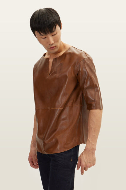 Lambskin Leather V-Neck Shirt - Brown