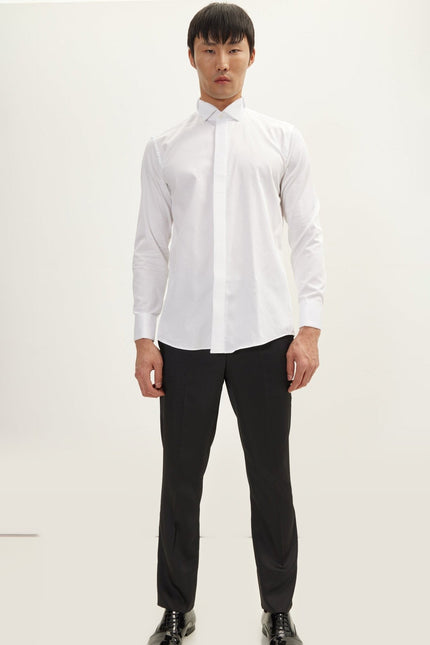 Pleated Wing Collar Tuxedo Shirt - White