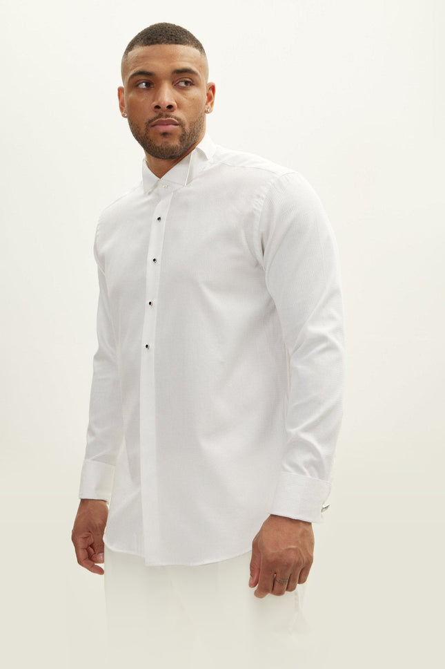 Houndstooth Wing Collar Tuxedo Shirt - White
