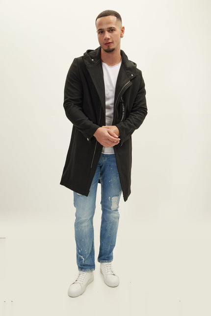 Knee-Length Wool Parka - Black