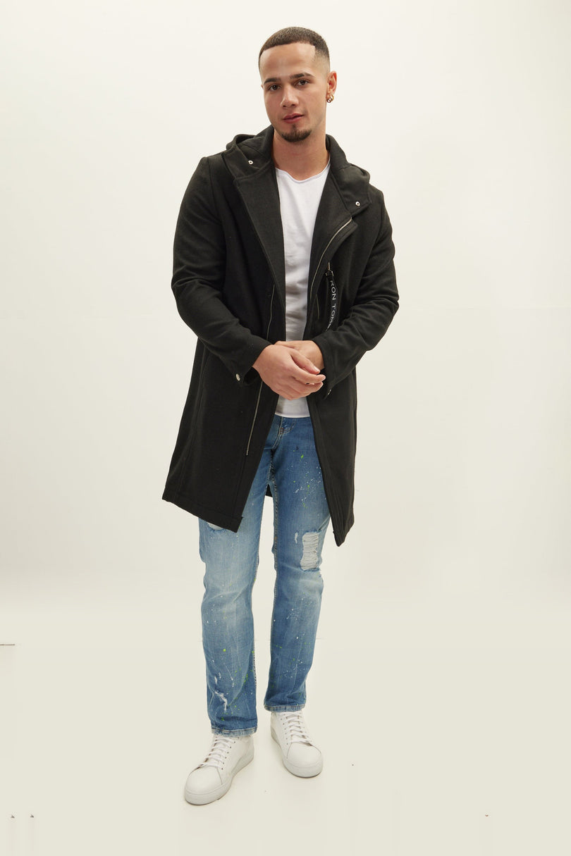 Knee-Length Wool Parka - Black