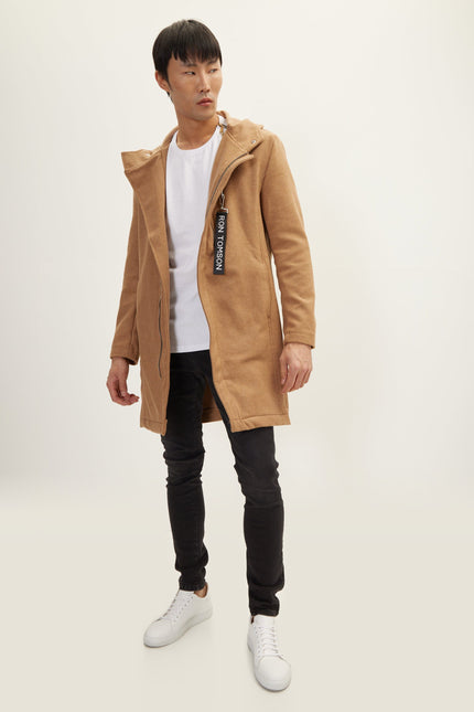 Hooded Asymmetric-Zip Parka - Camel