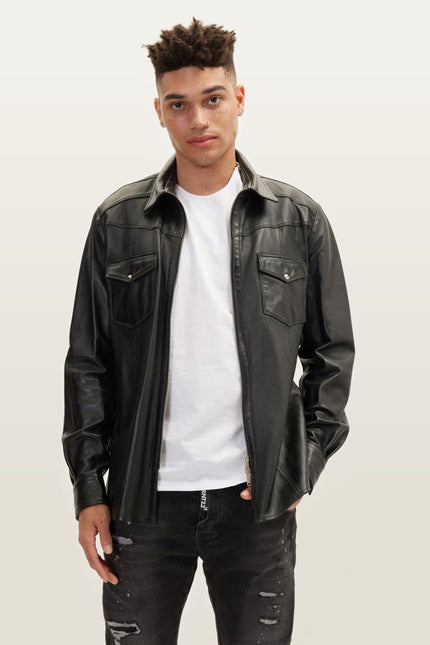 Full-Zip Leather Shirt - Black