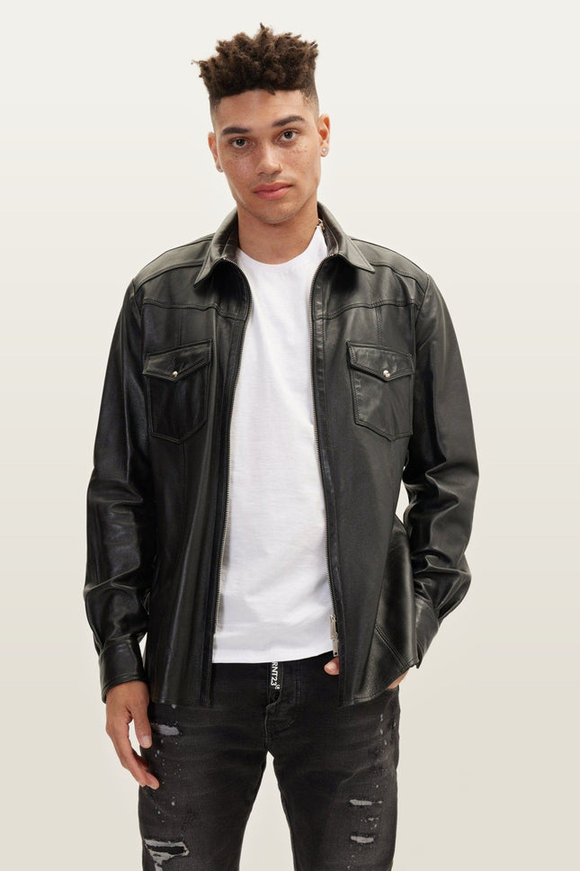 Full-Zip Leather Shirt - Black