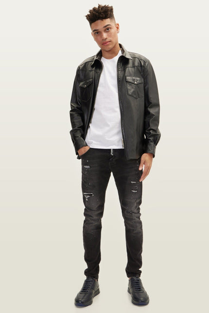 Full-Zip Leather Shirt - Black