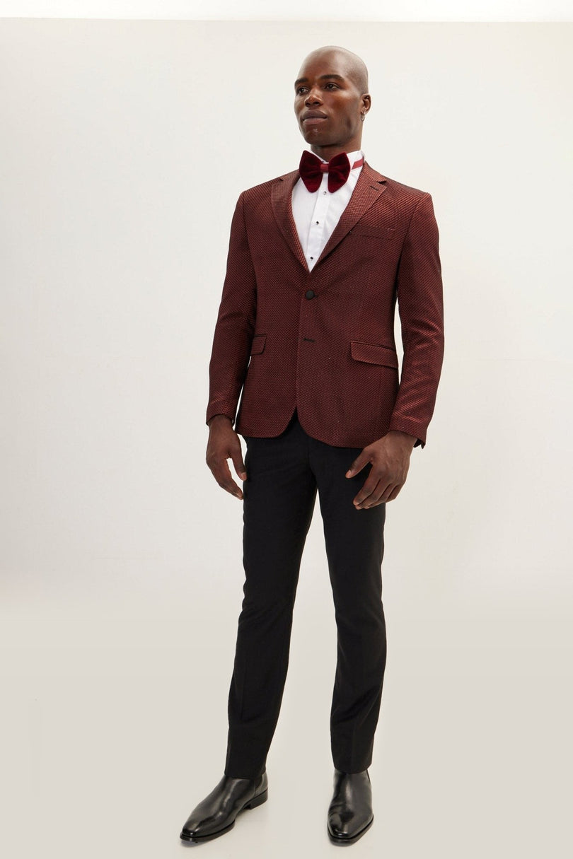 Jacquard Notch Lapel Dinner Jacket - Burgundy