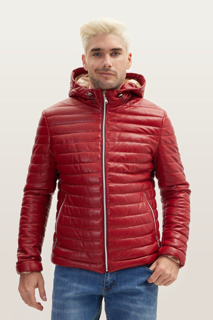 Lambskin Leather Hooded Puffer Jacket - Red