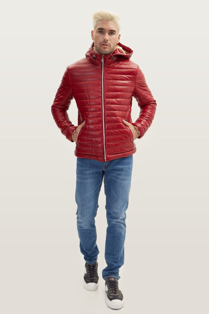 Lambskin Leather Hooded Puffer Jacket - Red