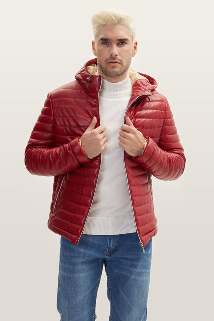 Lambskin Leather Hooded Puffer Jacket - Red