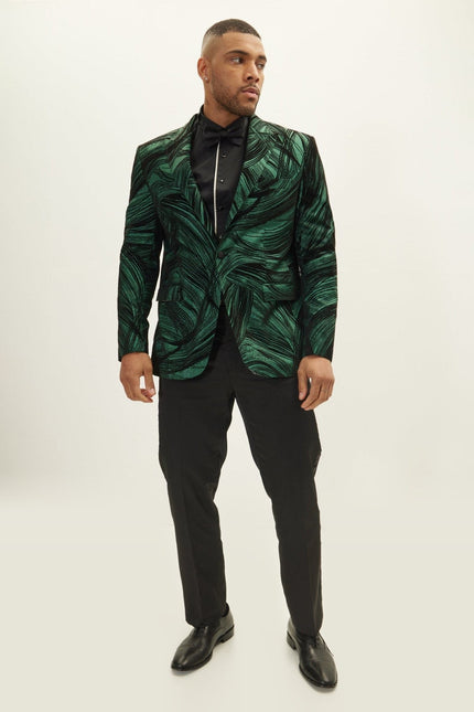 Floral Peak Lapel Tuxedo Jacket - Green