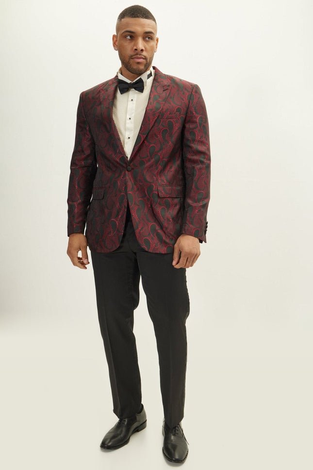 Floral Peak Lapel Tuxedo Jacket - Red