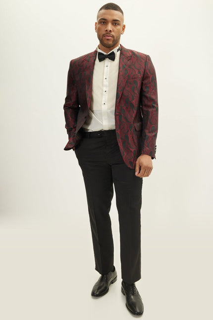 Floral Peak Lapel Tuxedo Jacket - Red