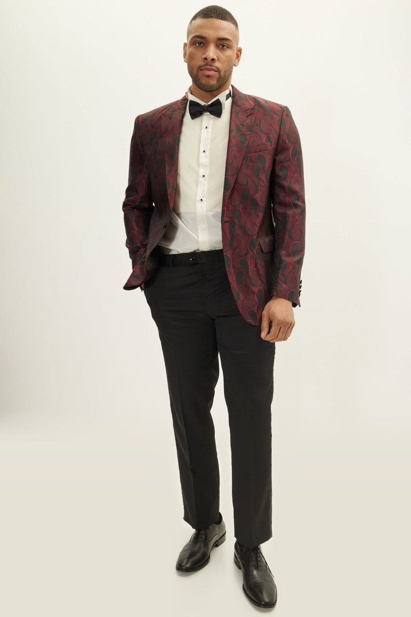Floral Peak Lapel Tuxedo Jacket - Red