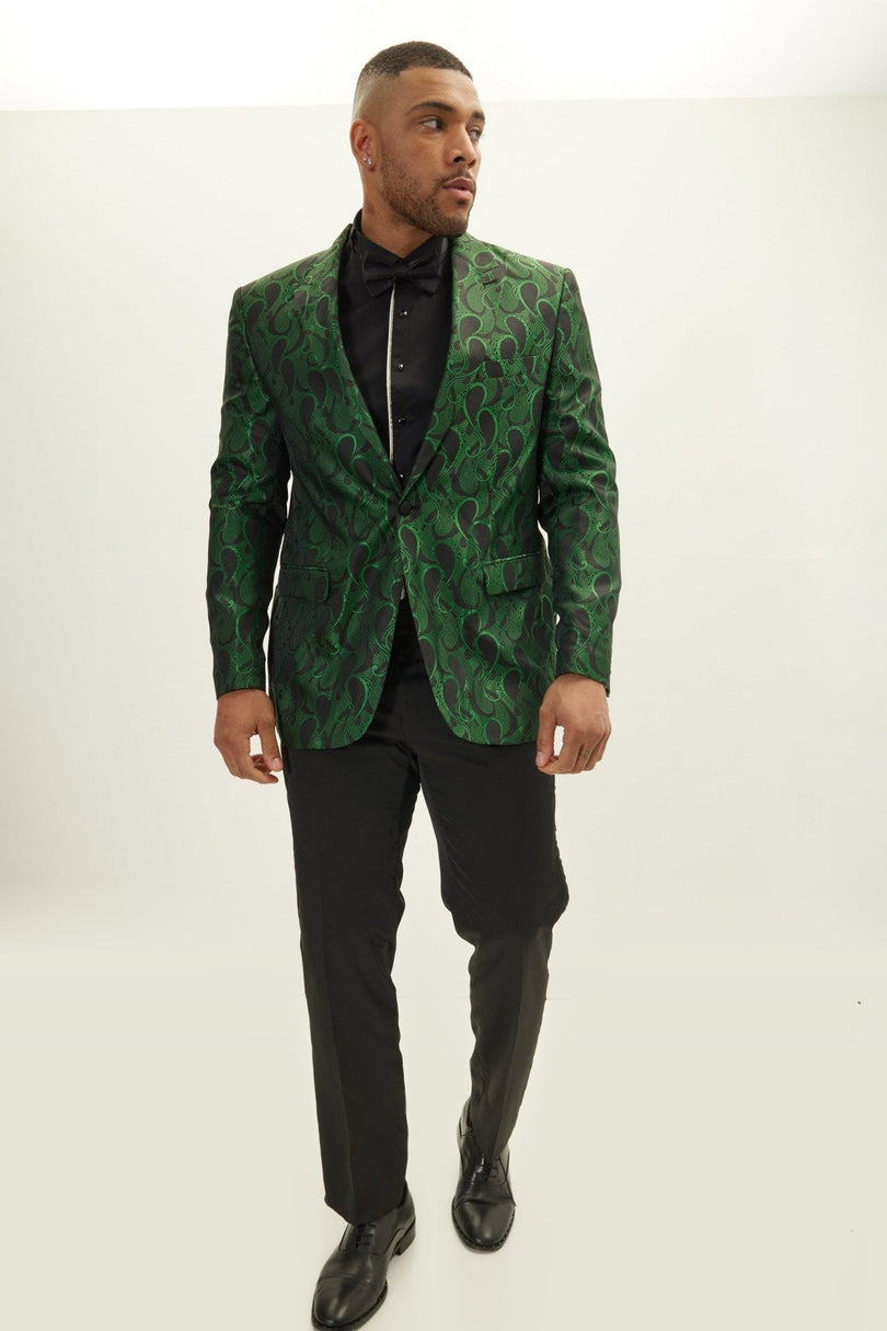 Floral Peak Lapel Tuxedo Jacket - Green
