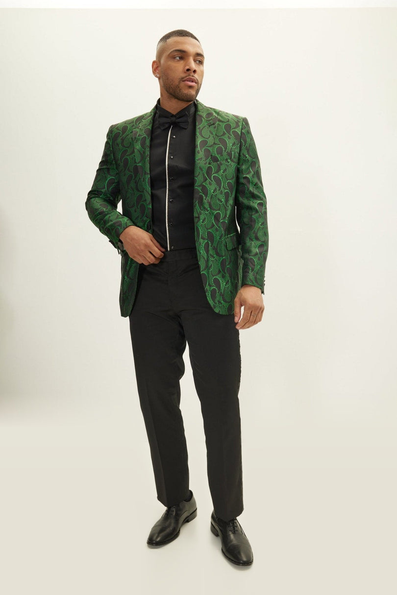 Floral Peak Lapel Tuxedo Jacket - Green