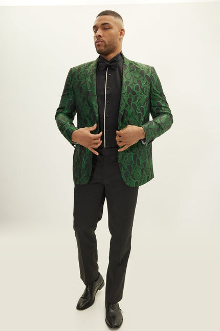 Floral Peak Lapel Tuxedo Jacket - Green