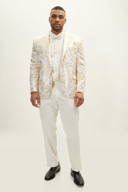 Floral Peak Lapel Tuxedo Jacket - White Gold