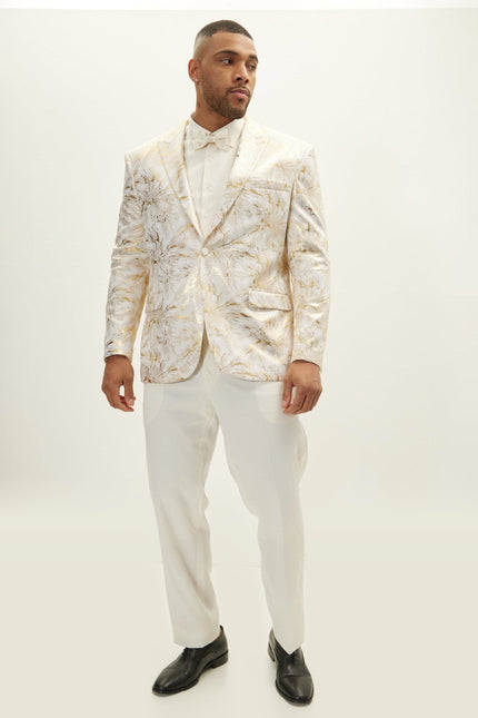 Floral Peak Lapel Tuxedo Jacket - White Gold