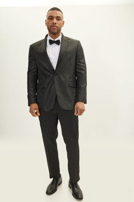 Peak Lapel Tuxedo Jacket - Leaf Jacquard Black