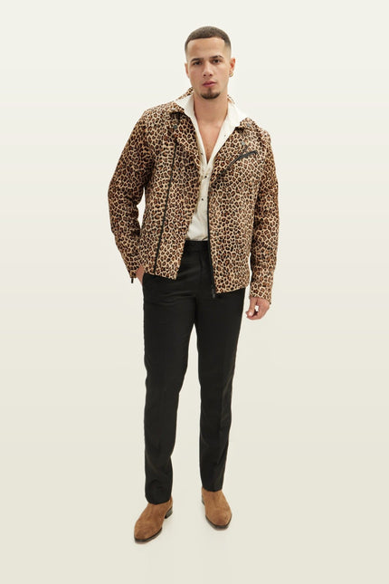 Leopard Calf Hair Asymmetric Moto Jacket - Brown