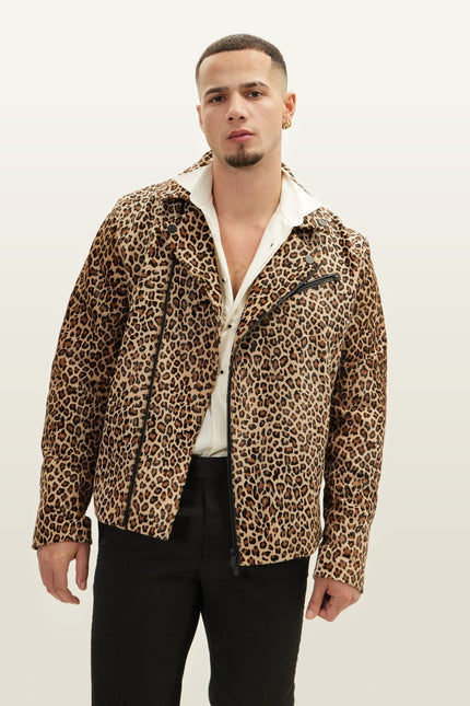 Leopard Calf Hair Asymmetric Moto Jacket - Brown