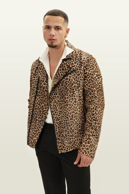 Leopard Calf Hair Asymmetric Moto Jacket - Brown
