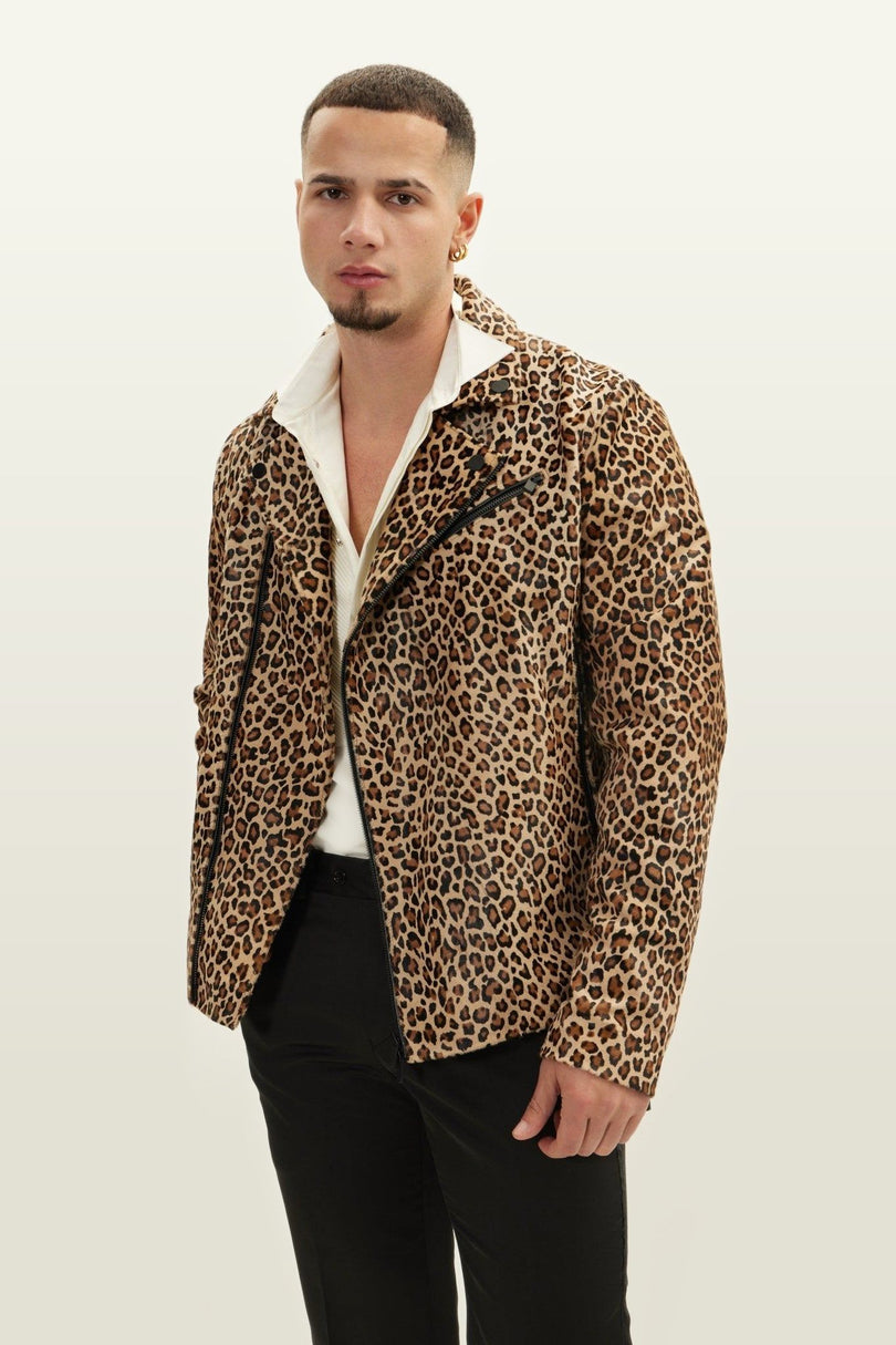 Leopard Calf Hair Asymmetric Moto Jacket - Brown