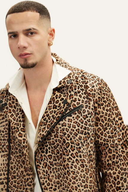 Leopard Calf Hair Asymmetric Moto Jacket - Brown