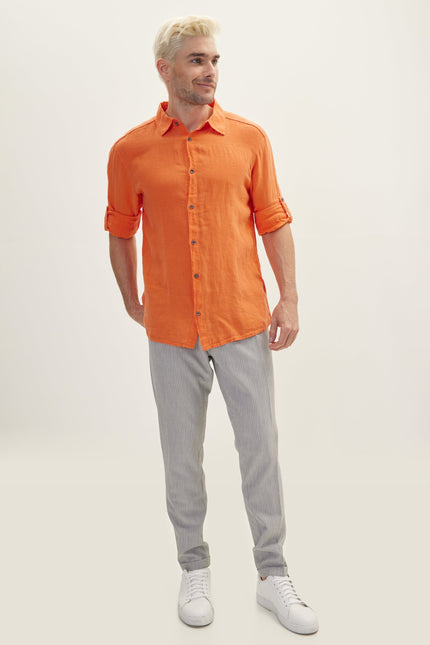 Point Collar Linen Shirt - Orange