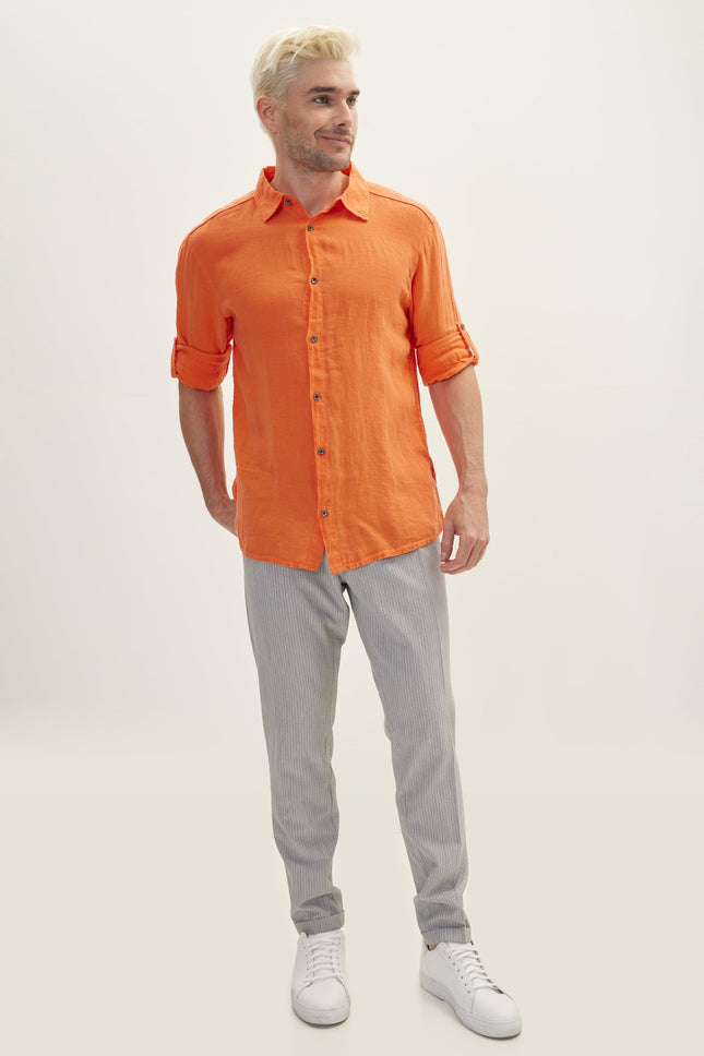 Point Collar Linen Shirt - Orange