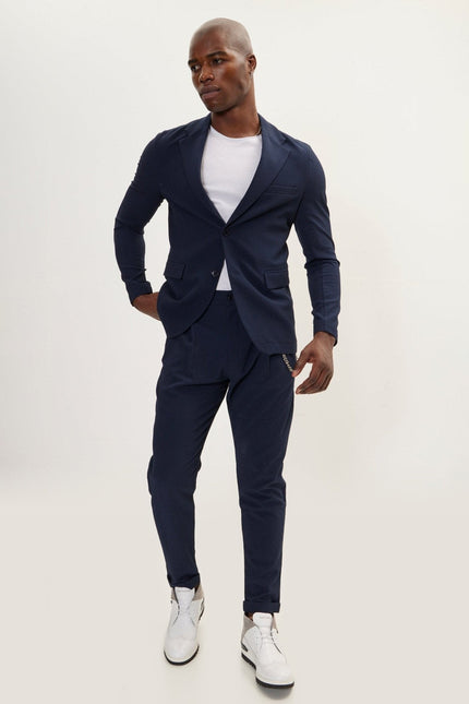 Waffle Stretch Notch Lapel Blazer - Navy